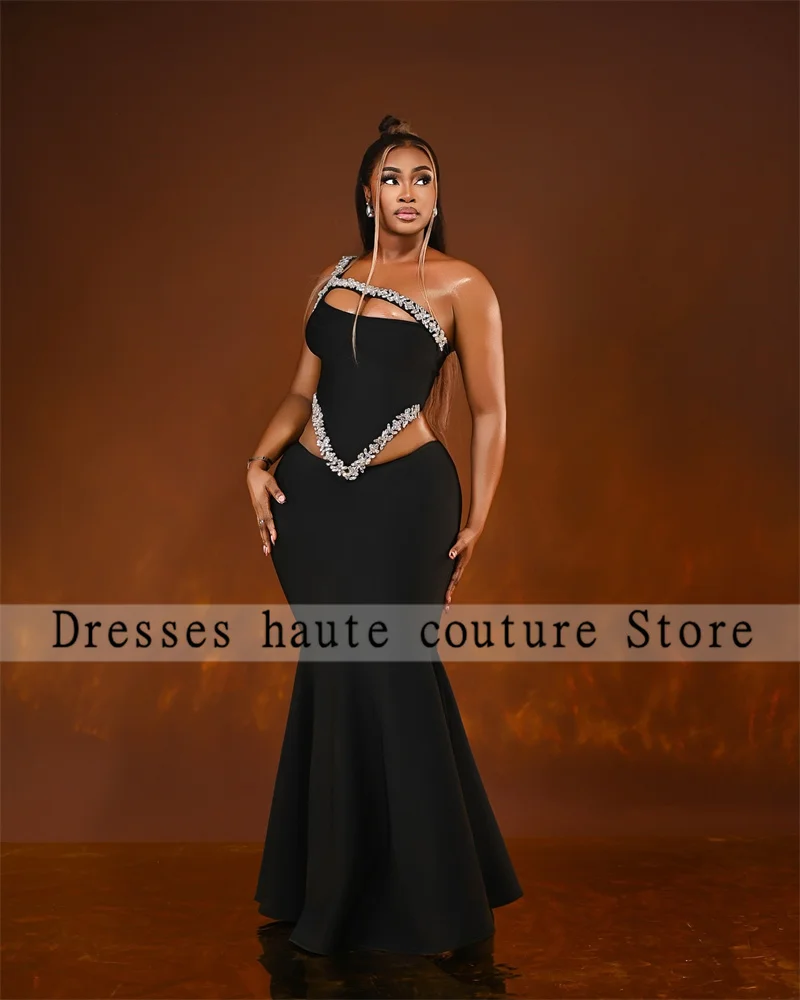 Aso Ebi Black Mermaid Drystal Evening Dress 2025 For Weomen One Shoulder Birthday Party Dress Two-Piece Set Customized