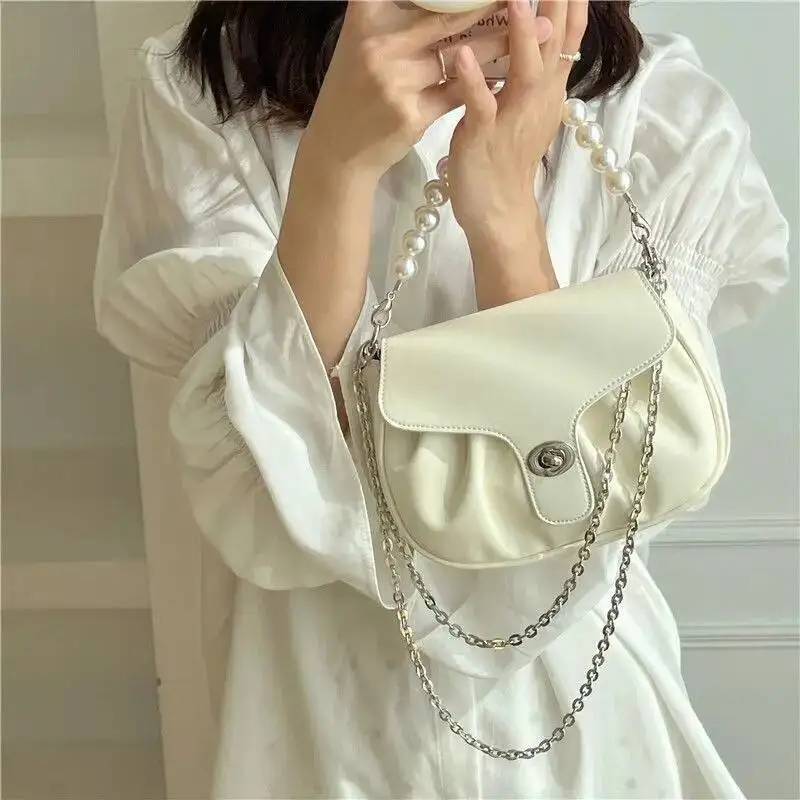

Bloom Sweet Cute White Handbag Messenger Women Retro Pearl Chain Handle Crossbody Bags Hot Girls Versatile Y2k Hand Bag