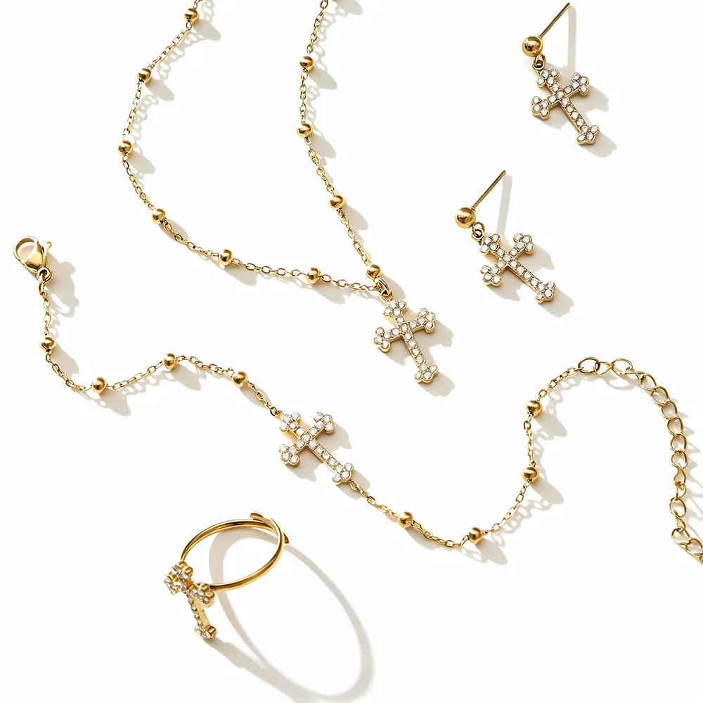 

Shiny Zircon Cross Pendant Necklace Stainless Steel Gold-Plated Chain Bracelet Vintage Earrings Golden Ring Women's Jewelry Set