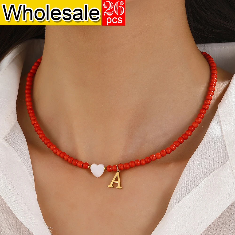 

26PCS Summer Bohemian Heart shaped Shell A-Z Initial Red Women's Necklace Bead Necklace Beach Collar Chain Wholesale