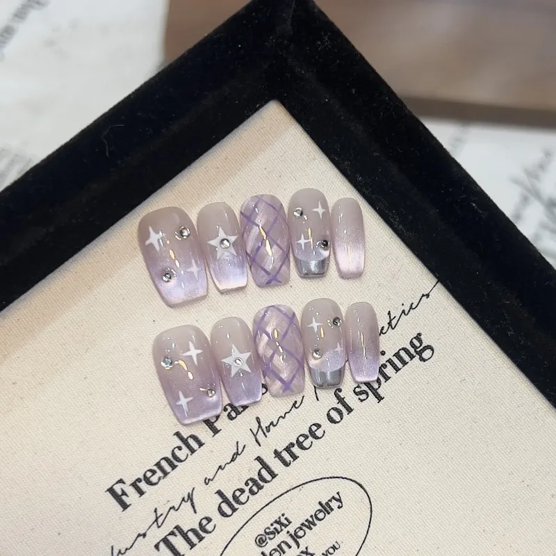 10 조각 봄 여름 레트로 달콤한 프랑스어 수제 프레스 손톱 보라색 고양이 눈 줄무늬 격자 무늬 가짜 손톱 이동식 재사용 가능