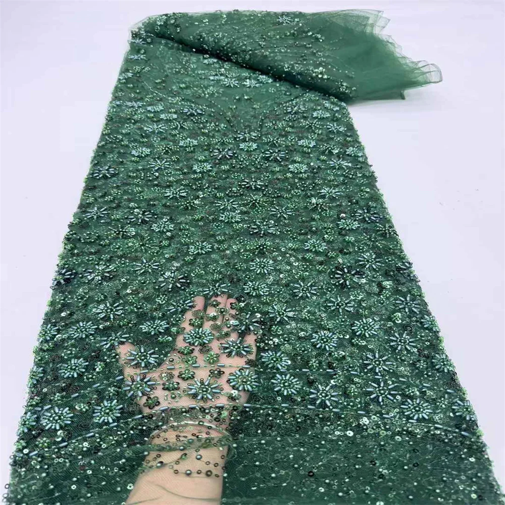 

5 Yards Tulle Net African Lace Fabric Beaded Laces 2024 High Quality Nigeria Sequins Fabrics for Wedding Evening Dresses Sewing