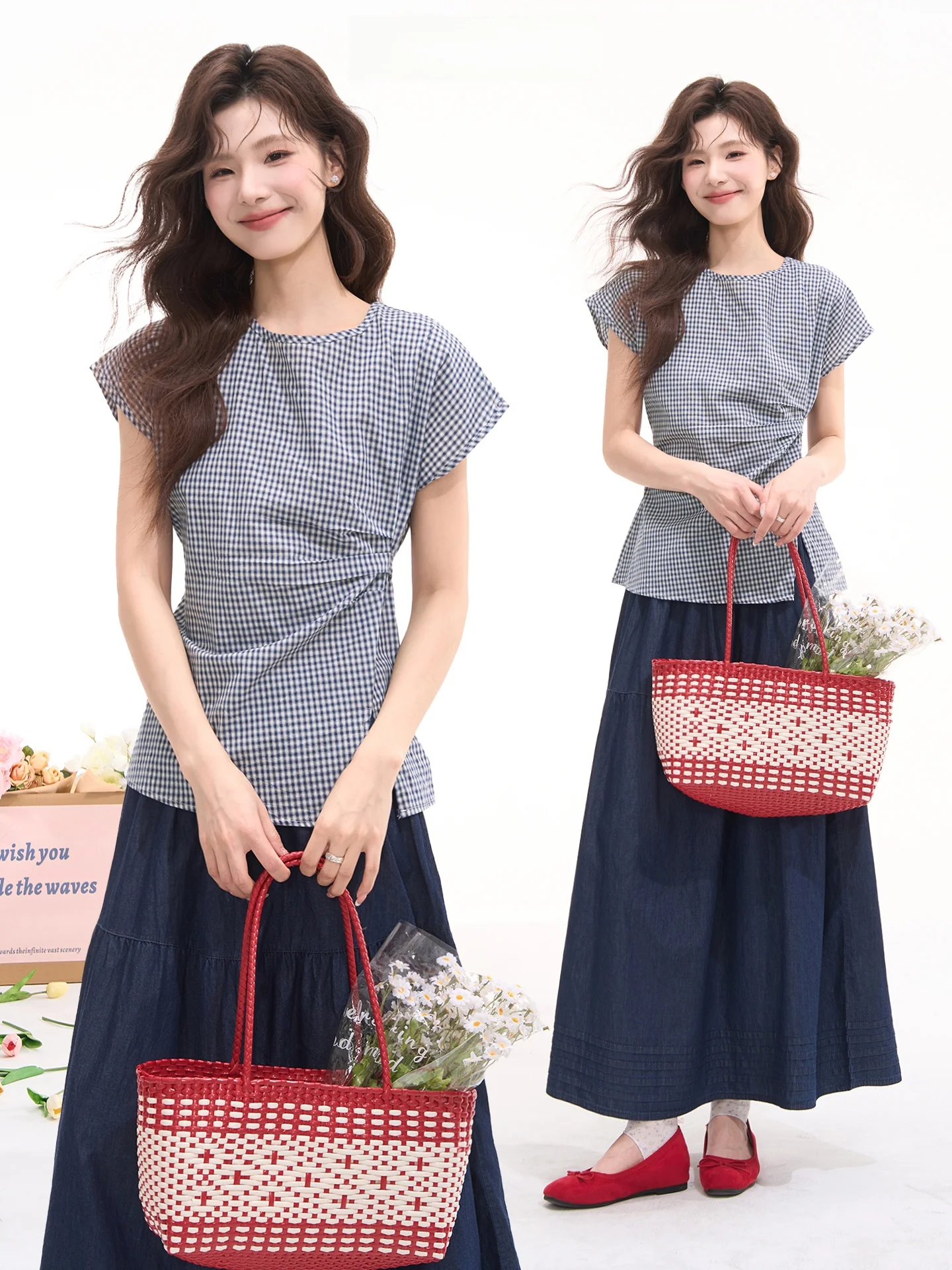 

Summer Charming Plaid Shirt Women's Short Sleeve Bow Tie Waist Cinched Hemline Breathable Comfortable round Neck Fly Sleeve S...