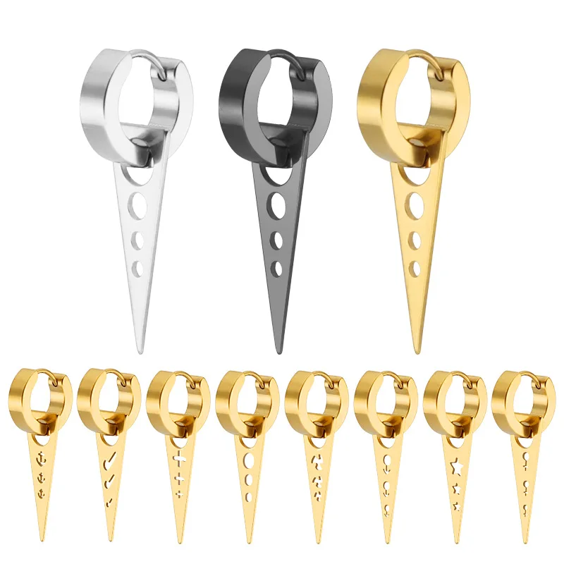 New Popular Unisex Stainless Steel Triangle Cross Star Round Pendant Drop Earrings For Men Women Punk Huggie Geometry Jewelry
