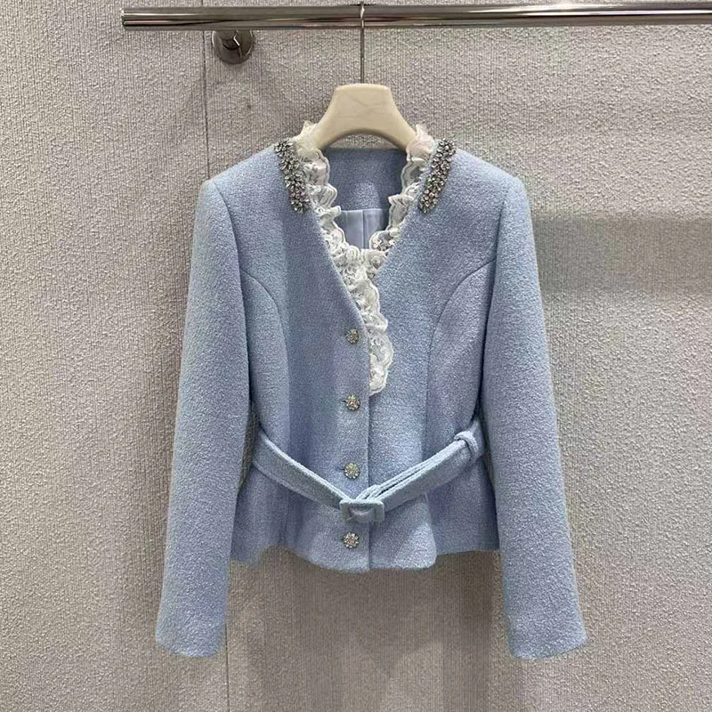 

Women's jacket New lace patchwork V-neck long sleeved top for winter 2025 belt slim women's coat Sparkling rhinestone outerwears