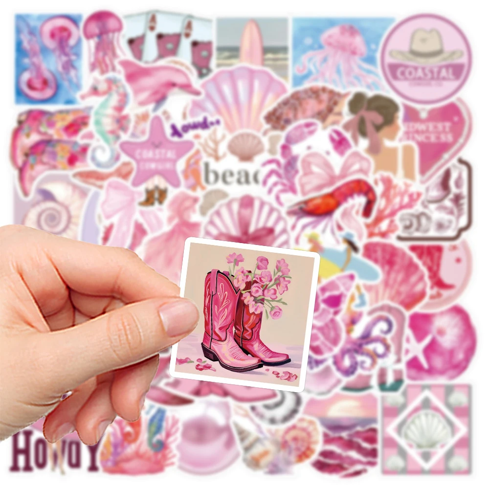 10/30/50pcs Ins Style Cute Pink Coast Girl Stickers Cartoon Ocean Aesthetic Decals Notebook Phone Guitar Bike Sticker Decoration