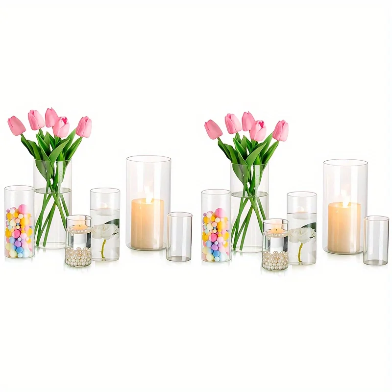 

12/30 Set of Cylindrical Glass Vases, Modern Transparent Vases, Hurricane Candle Holders for Pillar Candles, Wedding Vases