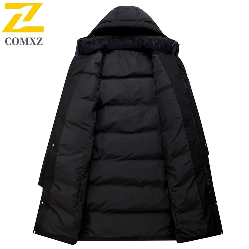 COMXZ Classic Men Down Jacket Casual Hooded Travel Cold Resistant Parka Solid Color Adventure Thickened Warm Winter Down Coat