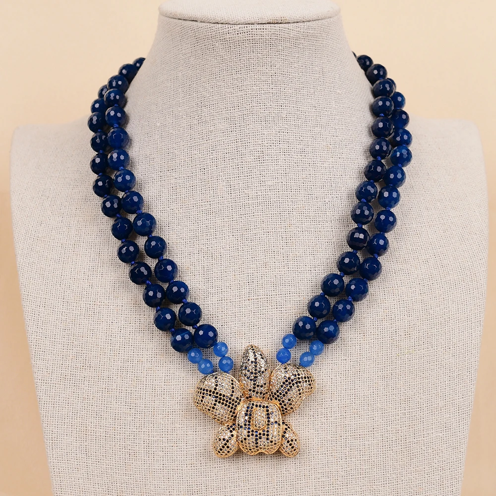 

APDGG NO133 Handmade 2 Rows Natural Blue Agate Cz Flower Pendant Gems Multi Strands Necklace