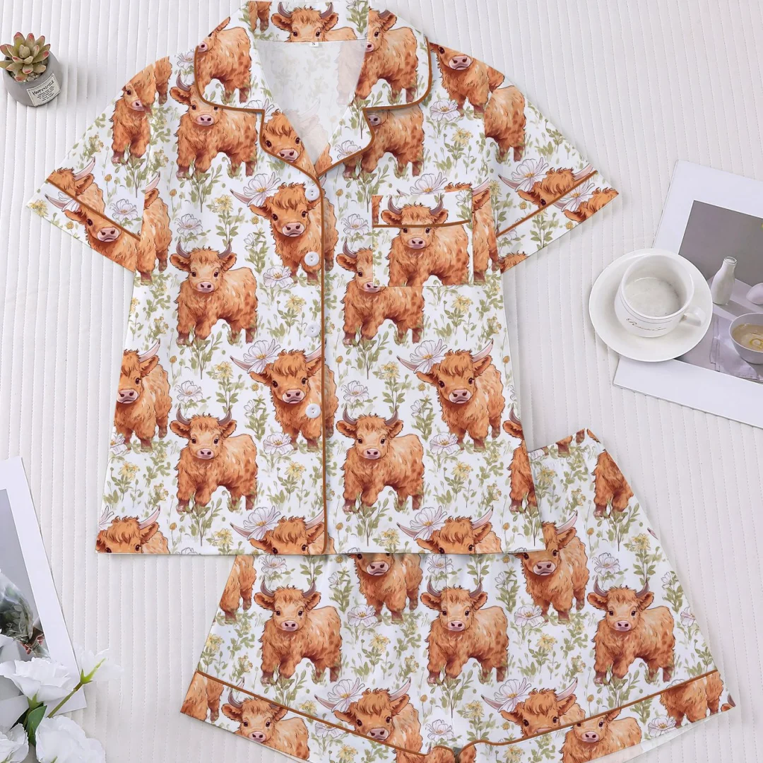 

Carton Women's Pajama with Brown Highland Cattle Flowers Print Lapel Short Sleeves and Shorts Pants Home Wear Set Clothes Gifts