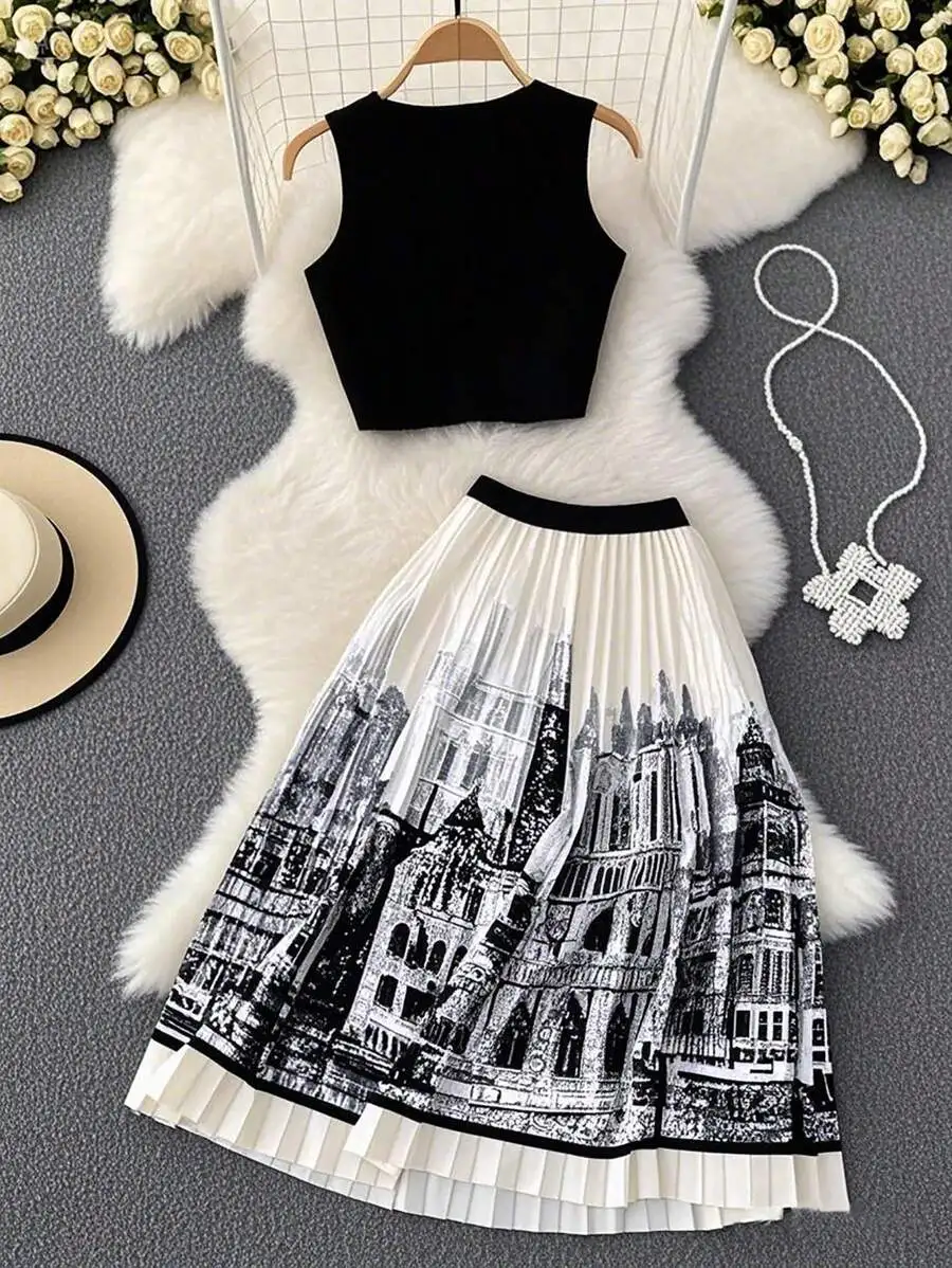 

Женский комплект из 2 предметов: черный укороченный топ и плиссированная юбка с принтом городского пейзажа, элегантный повседневный наряд