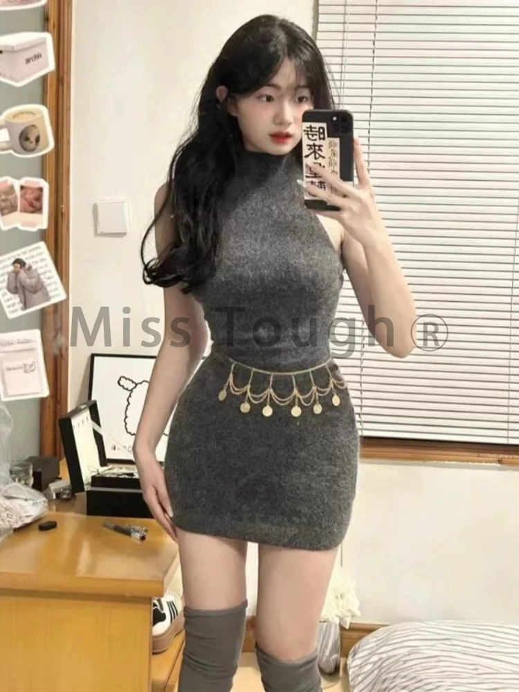 Korean Style Sexy Two Piece Set Women Solid Knitted Cardigan + Slash Neck Mini Dress Female Elegant Casual Party Dress Suit 2023