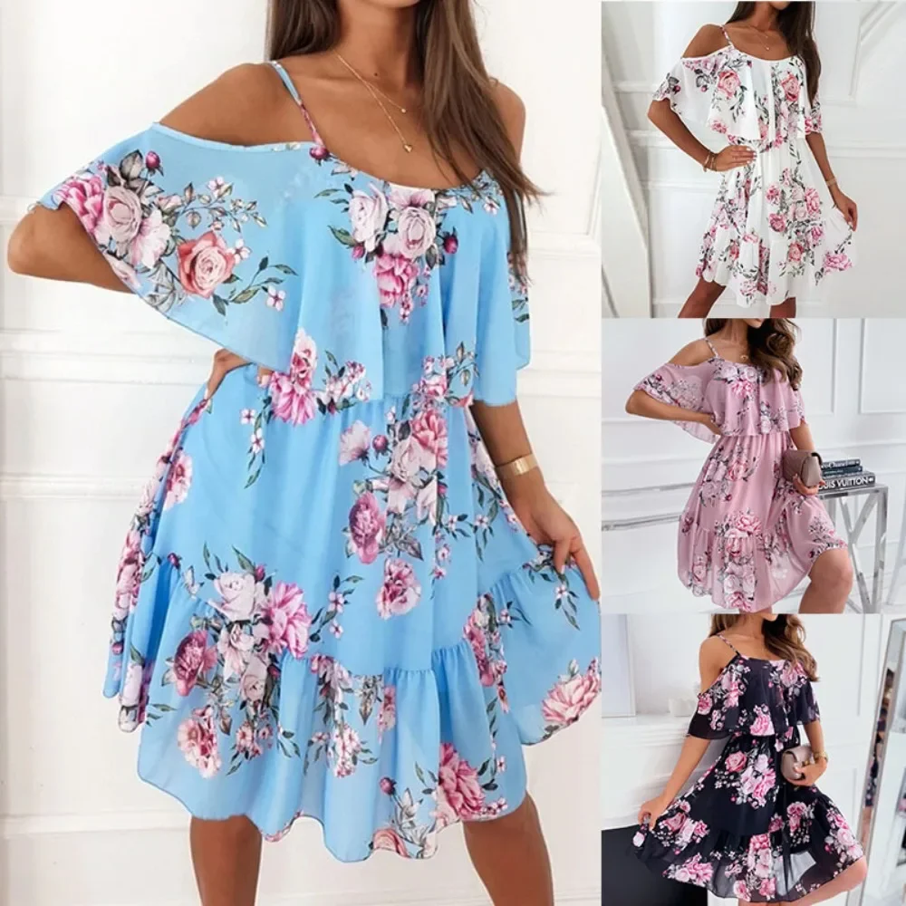 Women's Chiffon Print Off Shoulder Dress New Spring Sexy Fashion Ladies Flowy Dress