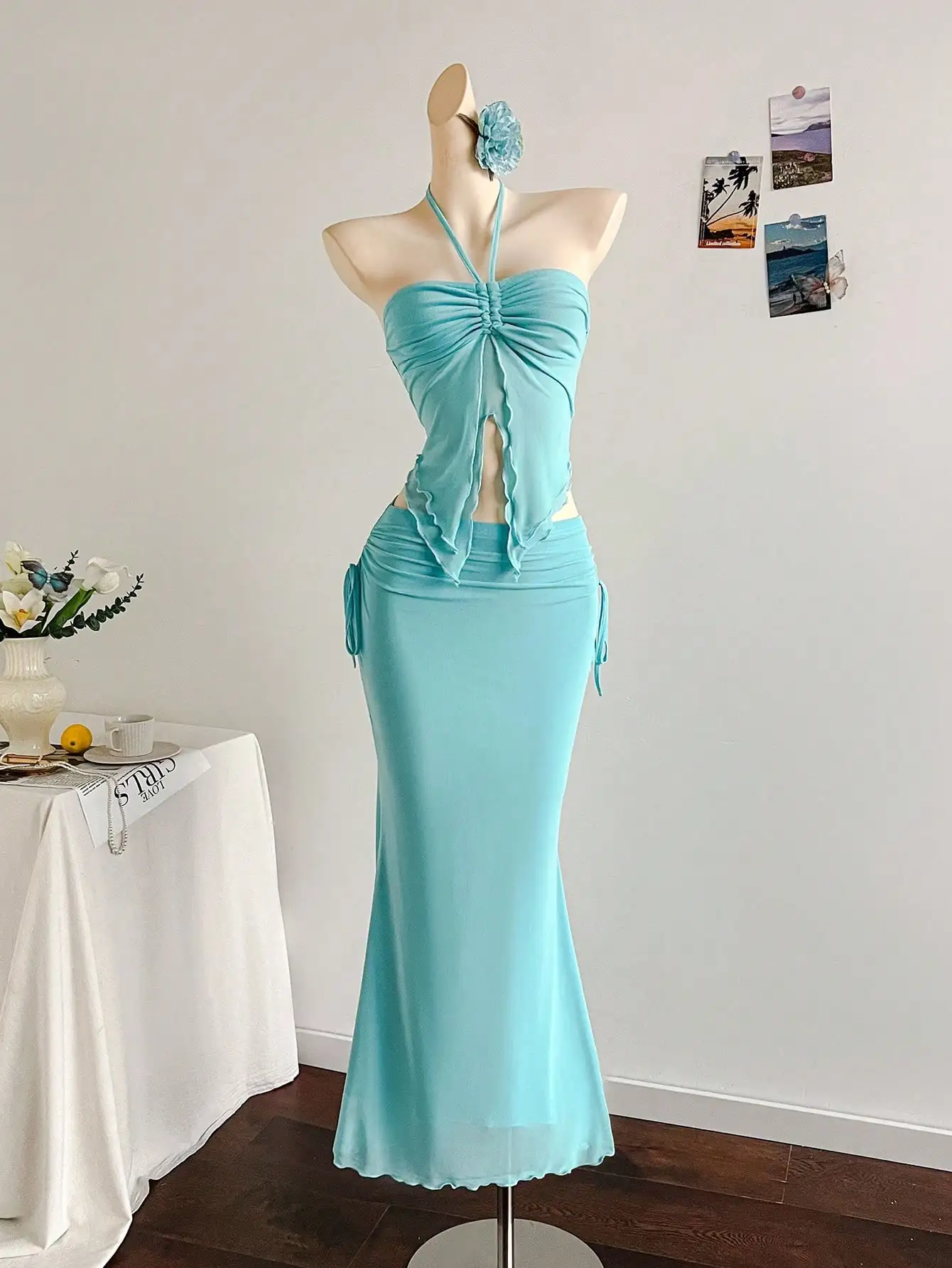 

Aqua Blue Two Piece Set Halter Top Ruffle Hem Mermaid Skirt Boho Beach Party Dress