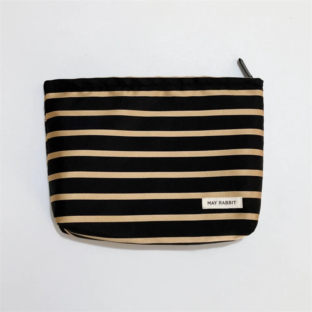 Women Satin Striped Makeup Bag Large Capacity Cosmetic Storage Bag Travel Portable Toiletries Organizer Leisure Ladies Clutch