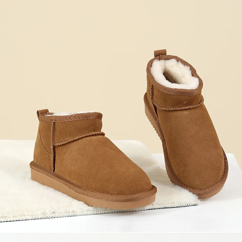 Women\'s Cow Suede Leather Snow boots Faux Fur lined Warm Mini Anti-slip outdoor Female Ankle Boots