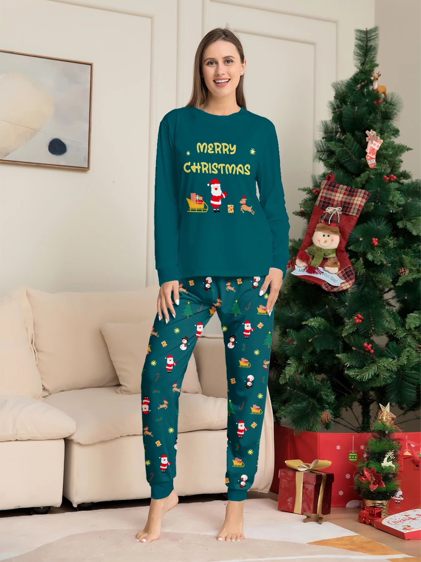 Family Christmas Pajamas Matching Parent-child Sleepwear Green Long Sleeve Santa Print Homewear Xmas Gift Men Women Kids view 5