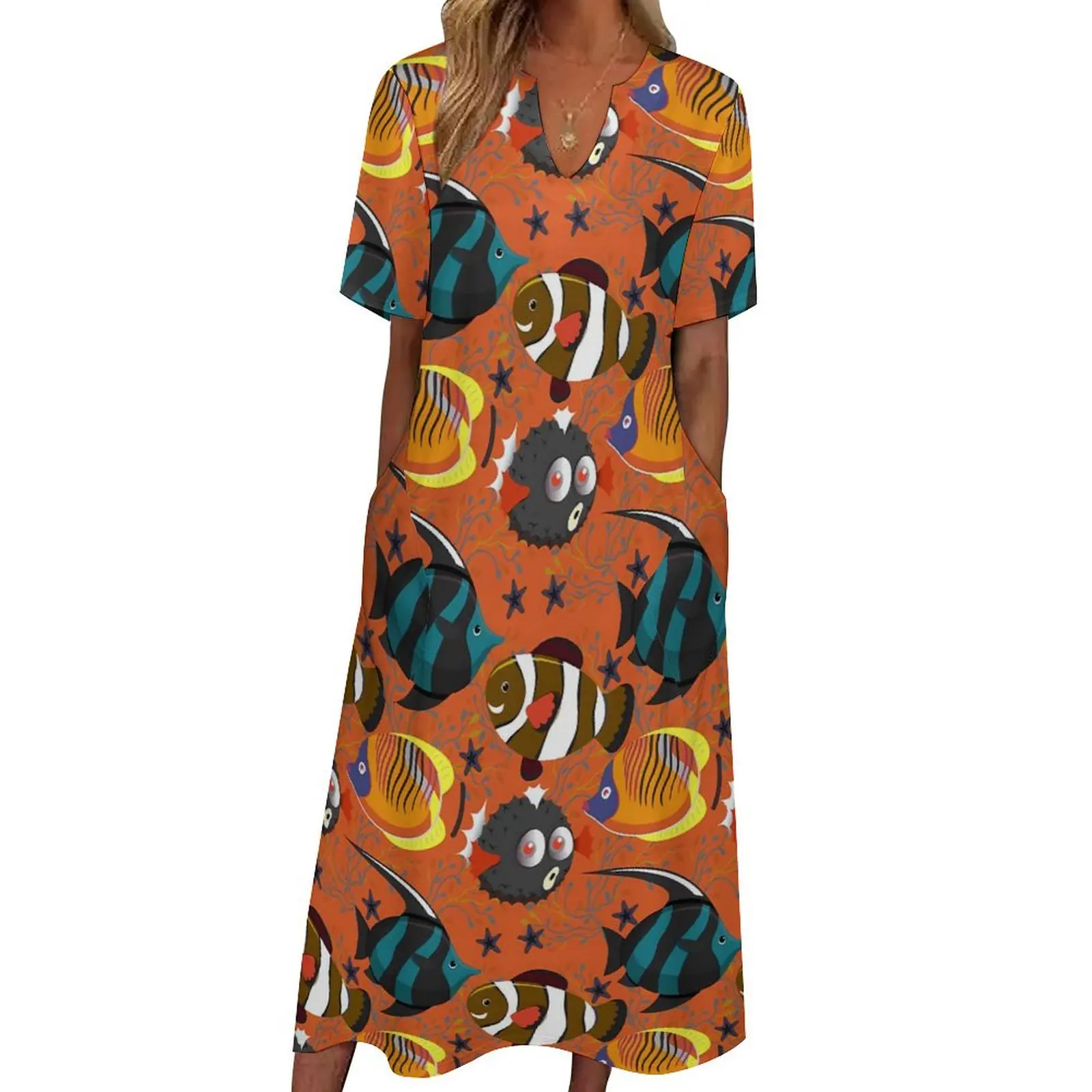 Colorful Sea Fish Dress Summer Aquatic Animals Street Style Boho Beach Long Dresses Female Graphic Elegant Maxi Dress 4XL 5XL