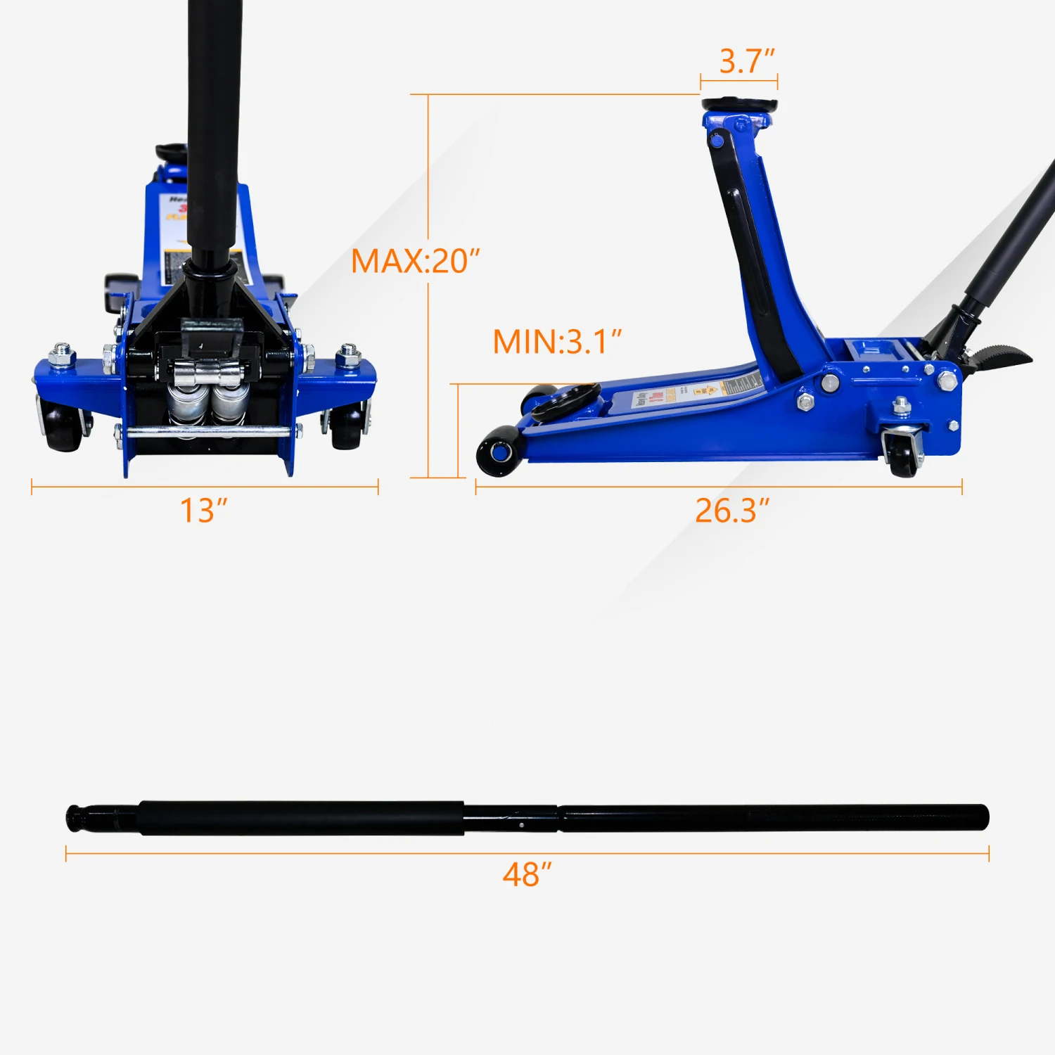 3T Heavy Duty Double Pump Floor Jack Foot Model - Horizontal Pump