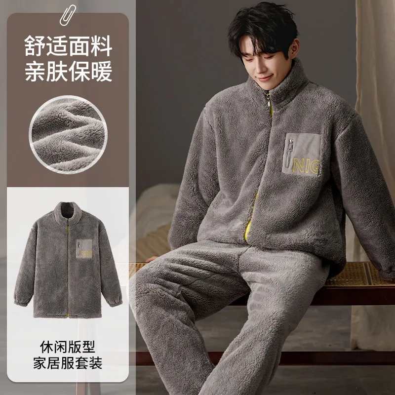 Winter Men's Zipper Pajamas Homewear Suit New Coral Fleece Warm Long-Sleeved Autumn Men's Flannel Homewear Big Size L-3XL Pijama