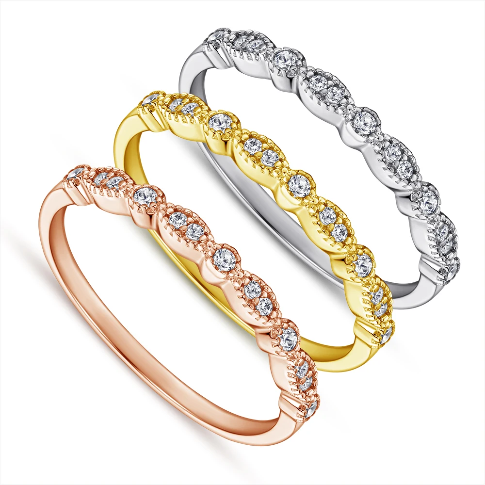 

High Quality S925 Sterling Silver 18K Gold Plated Eternity Wedding Ring with CZ & Diamond Rhodium Plating Star Pattern Parties