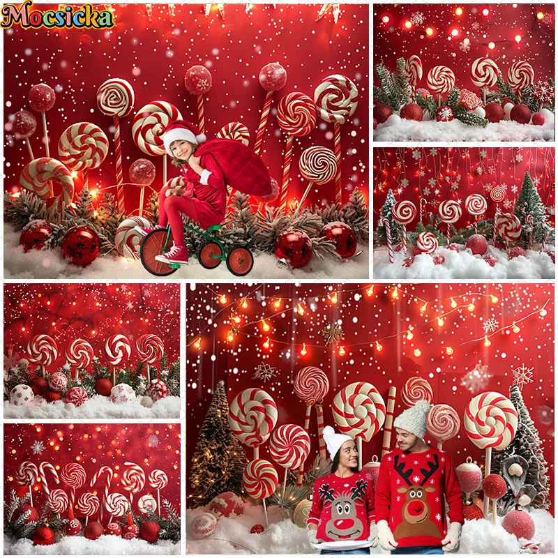 Mocsicka Winter Red Xmas Background For Child Adult Family Photography Candy Lollipop Snowflake Christmas Tree Decor Props