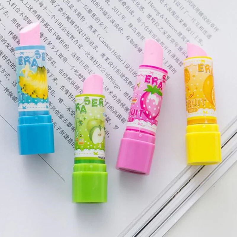 4 Pcs Cute Cartoon Lipstick Rubber Creative Novelty Pencil Eraser Stationery