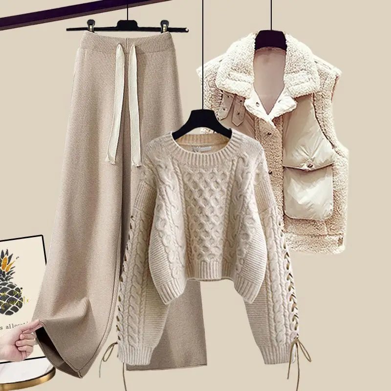 

2024 Women Spring Autumn Three Piece Pants Set Vest+Knitted Sweater+High Waist Wide Leg Trousers Casual Women Three Piece Suit