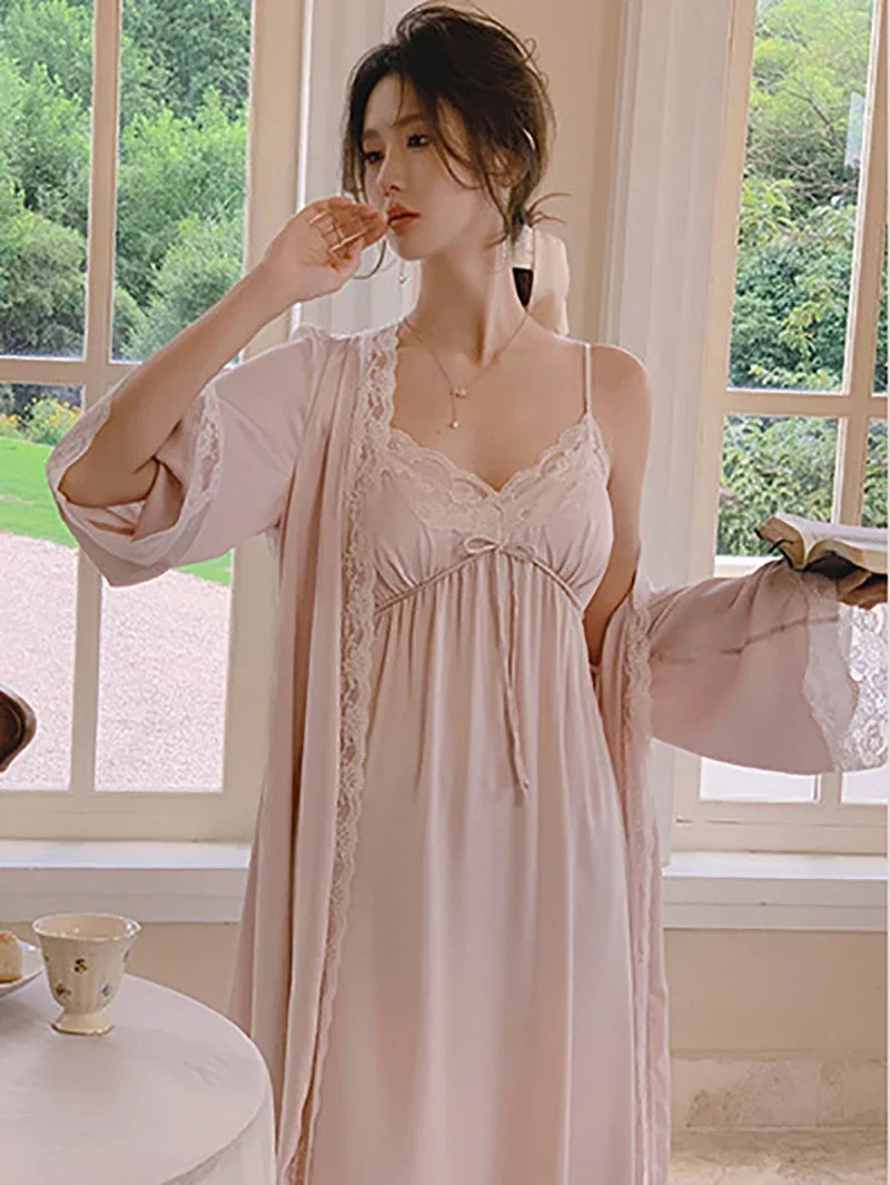 

French Princess Victorian Gown and Robe Sets Pijamas Nightwear Lace Silk Fairy Nightdress Women Spring Summer Sleepwear Homewear