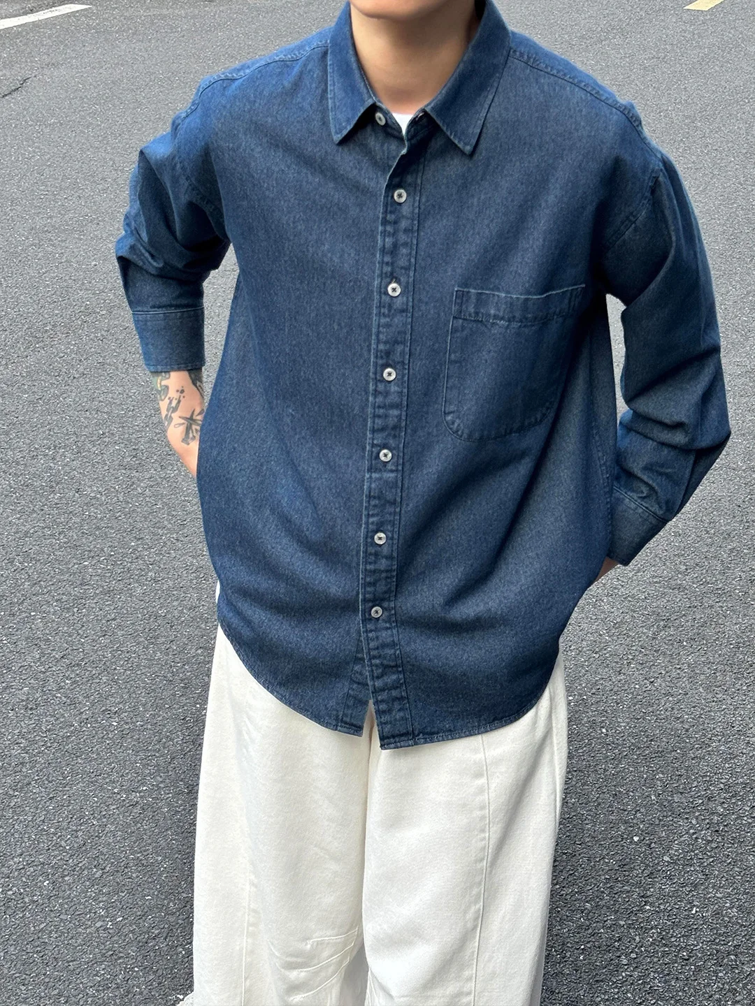 

Deep Blue Men's Denim irt Long Sve Workwear Jaet Korean Retro Sle Spring Autumn Season Casual Loose Fit Jeans irt