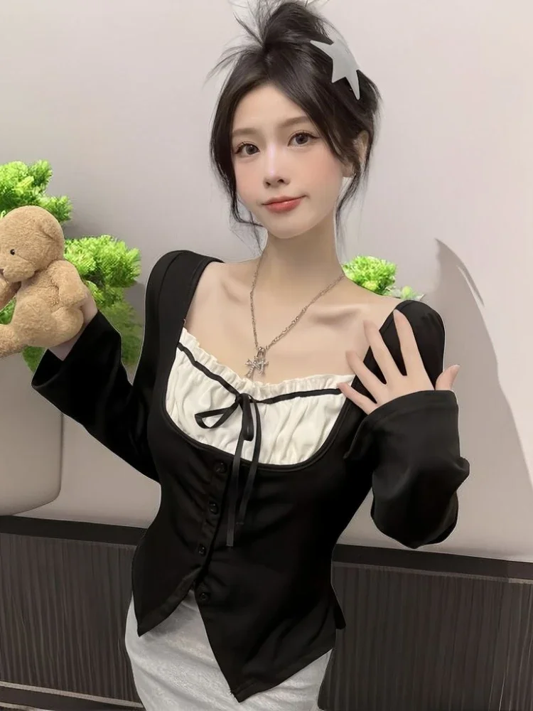 Deeptown Y2k Coquette Sexy Kawaii Maid T Shirt Women Sweet Girls Lace Long Sleeve Korean Style Kpop Slim Tees Tops 2024 Spring