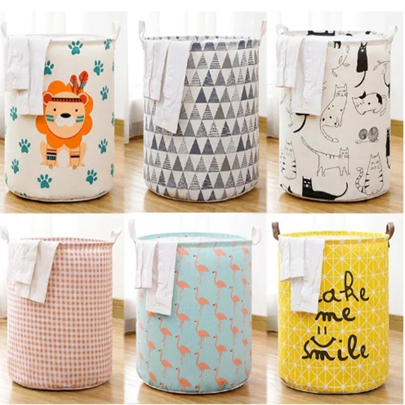 Print Laundry Basket Foldable Home Laundry Storage Bag Portable Cotton Linen Hamper For Kids Toys Dirty Clothes Basket Organizer