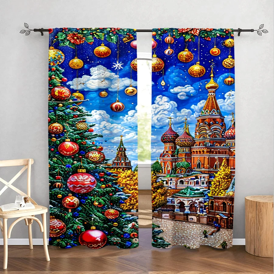 2PCS Christmas Winter Curtains, Church Tree Bauble, Digital Print, Bedroom Living Room, Rod Pocket, Polyester, Home Decor