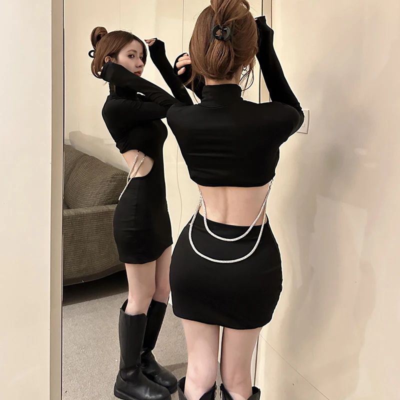 Vestido ajustado de manga larga para mujer, Cuello medio alto, color sólido, a la moda