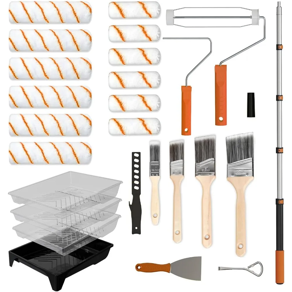 

27 Piece Paint Roller Kit with Extension Pole Brushes and Microfiber Covers for Professional Wall Painting