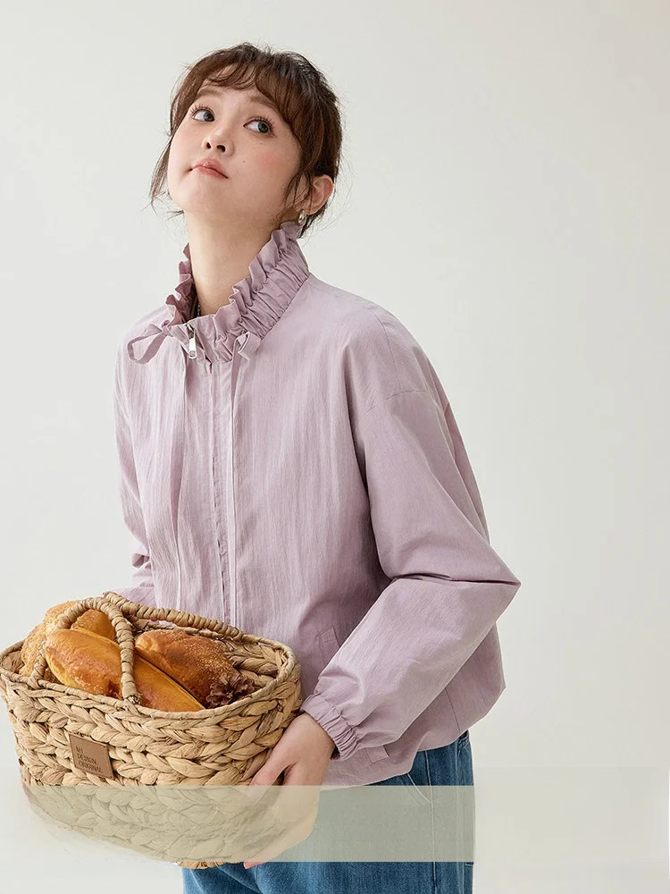 

AMUU Original Long Sve Zipper Jaet Women's Spring New Sle Dstring Ruffle Collar Outerwear Comfortable Cotton Blend