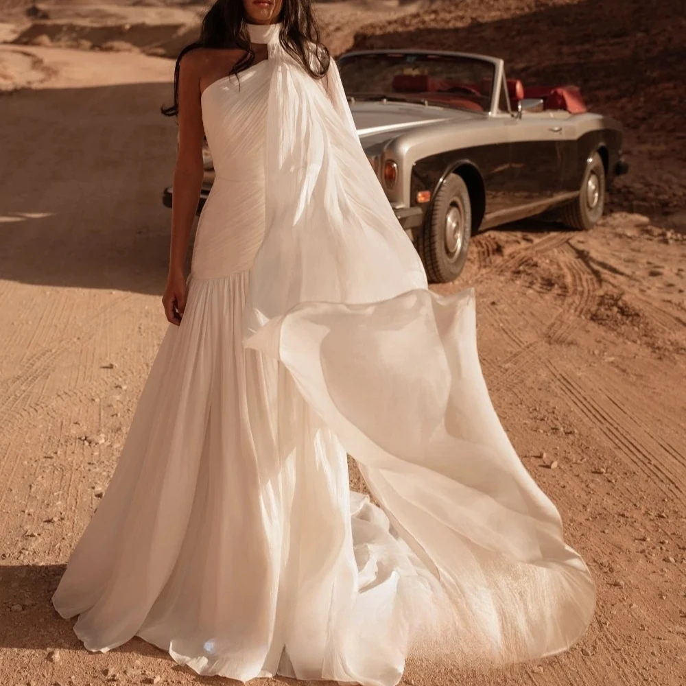 Customized Retro Bridal Attire Halter One Shoulder Fabric Detachable Flowy Cape Lightweight Chiffon Desert Travel Wedding