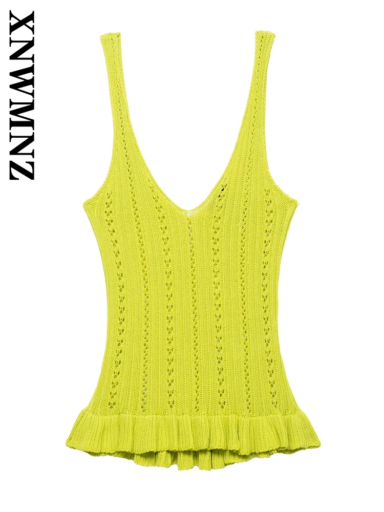 

XNWMNZ 2025 Woman Simple Fashion Shoulder Knitted Sweater Commuting Lady Green V-Collar Slip Top Chic Jacquard Backless Blouses