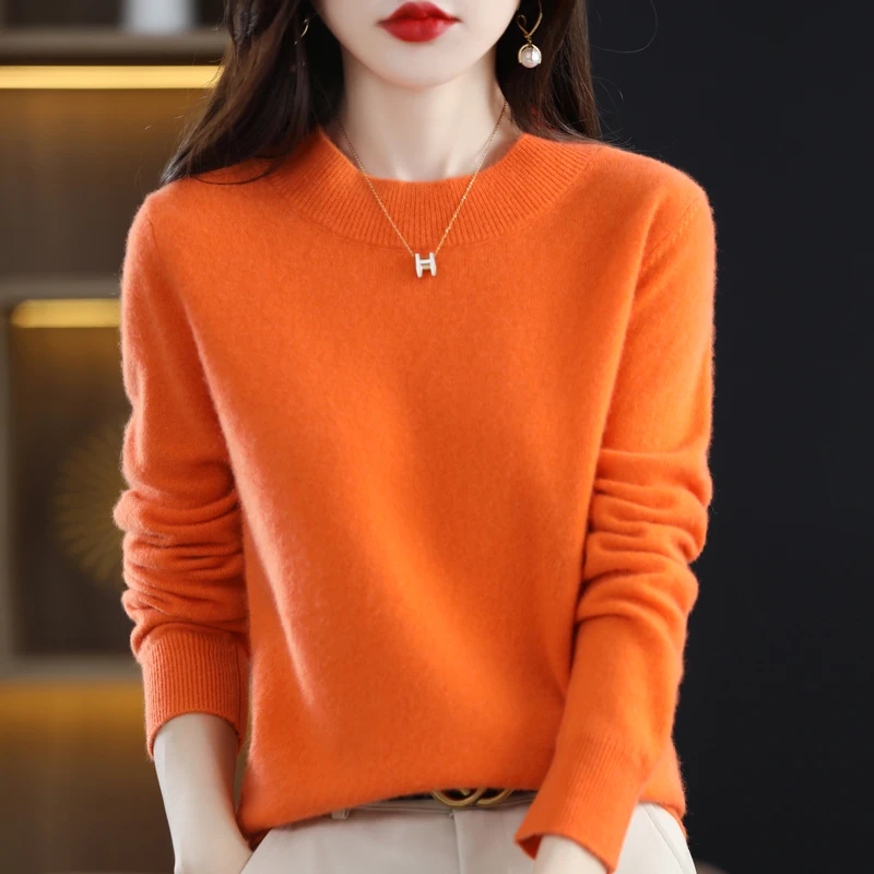 100% Merino Wool Sweater Women Half-high Collar Pullover Autumn Winter Casual Knit Tops Solid Female Cashmere Soft Knitwear