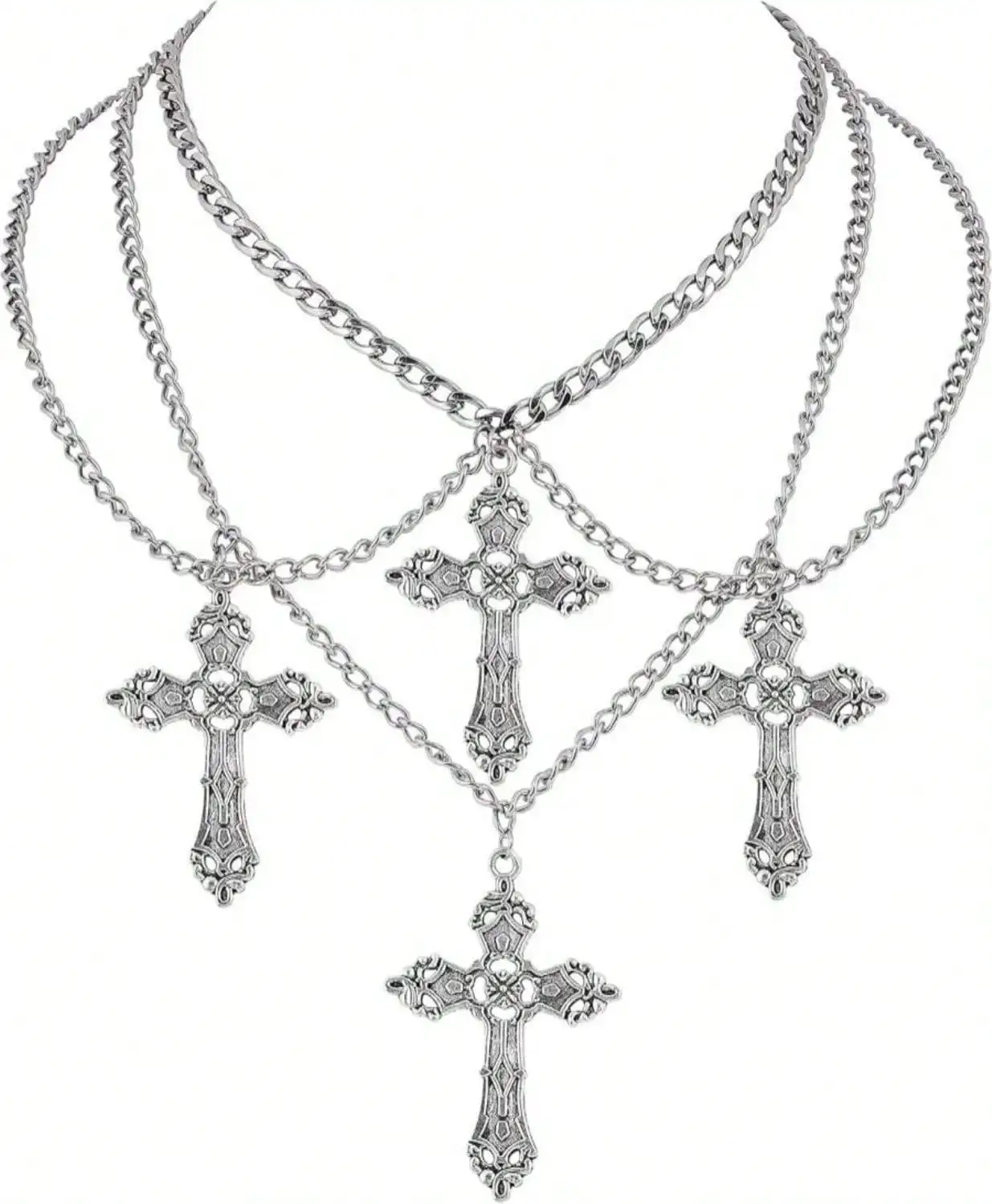 

Серебристое многослойное ожерелье-чокер с подвеской в виде креста для женщин