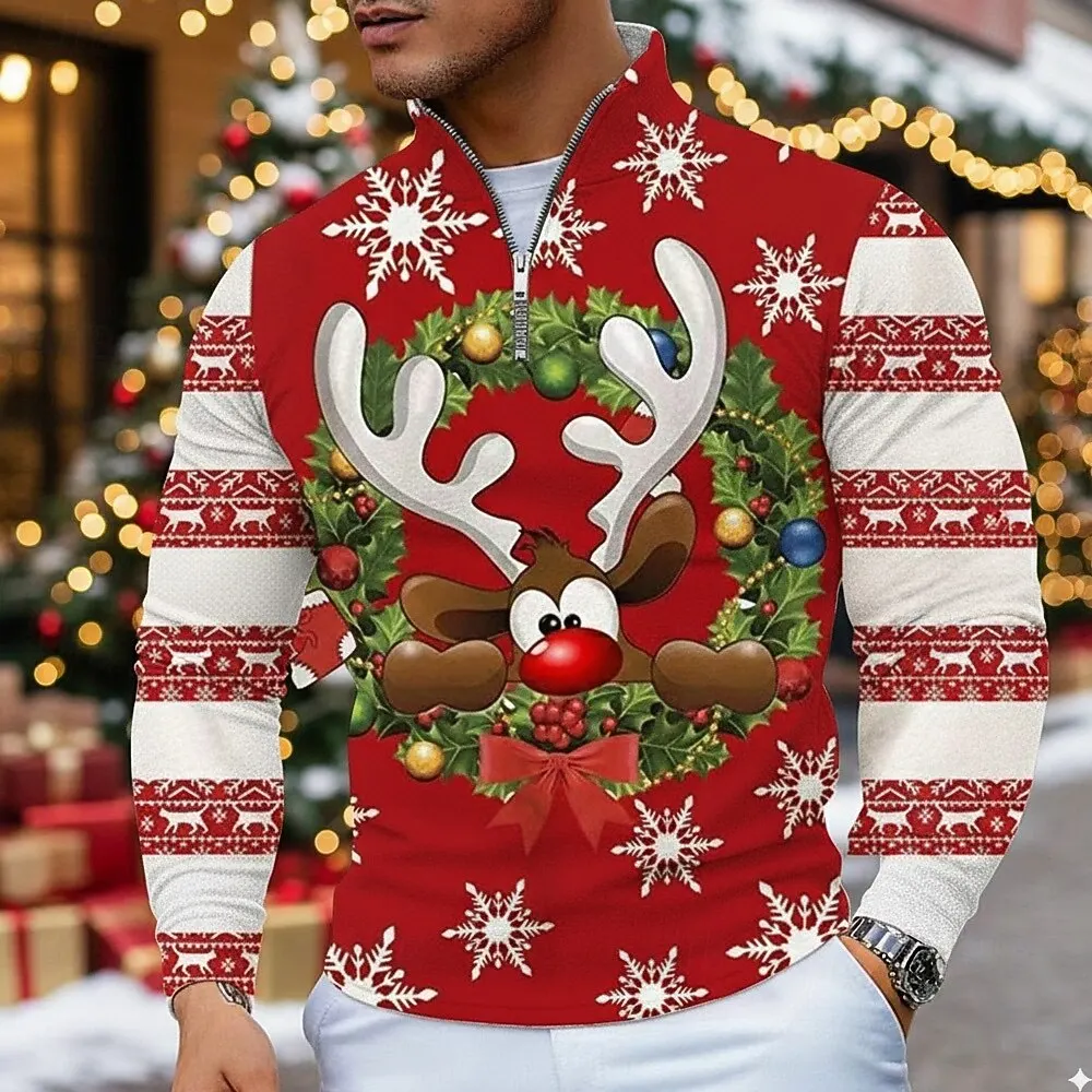 

Merry Christmas Zipper Sweatshirt For Men 3D Print Elk Graphic Long Sleeve Zip Pullover Autumn Winter Festival Party Casual Tops