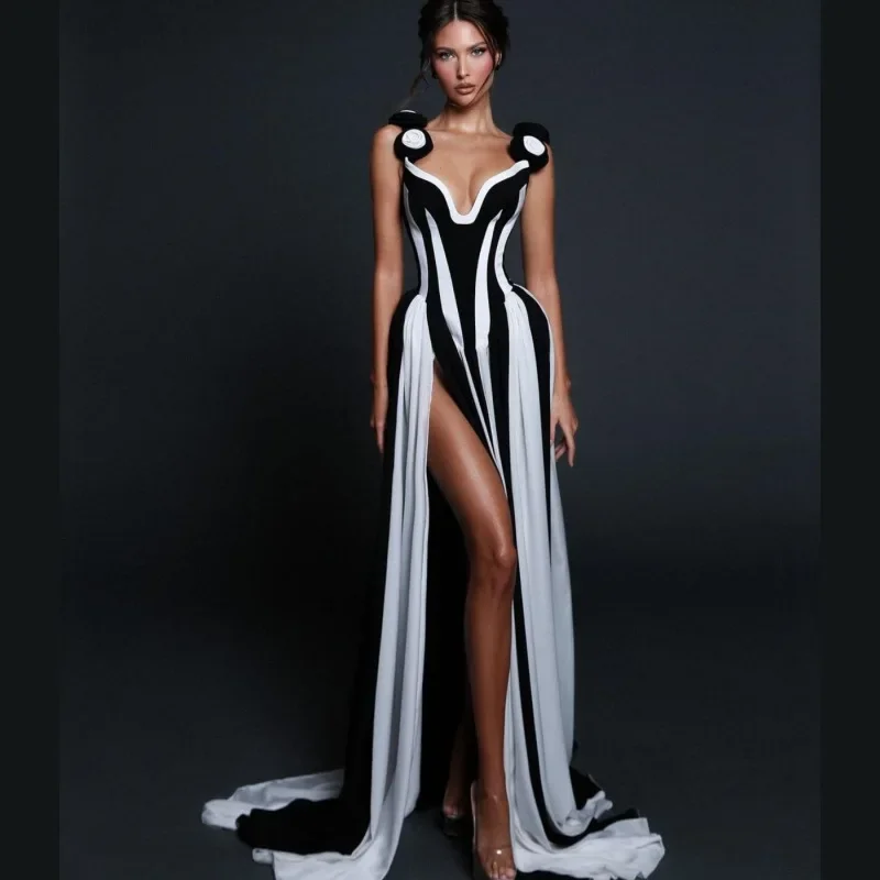Hot Sale Women Celebrity Sexy V Neck Flower Black White Striped Maxi Long Bodycon Bandage Dress 2025 Elegant Evening Club Party