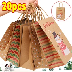 20/5pcs Christmas Kraft Paper Handbags Gift Candy Shopping Bags Christmas Snack Present Small Packaging Tote Bag Party Supplies