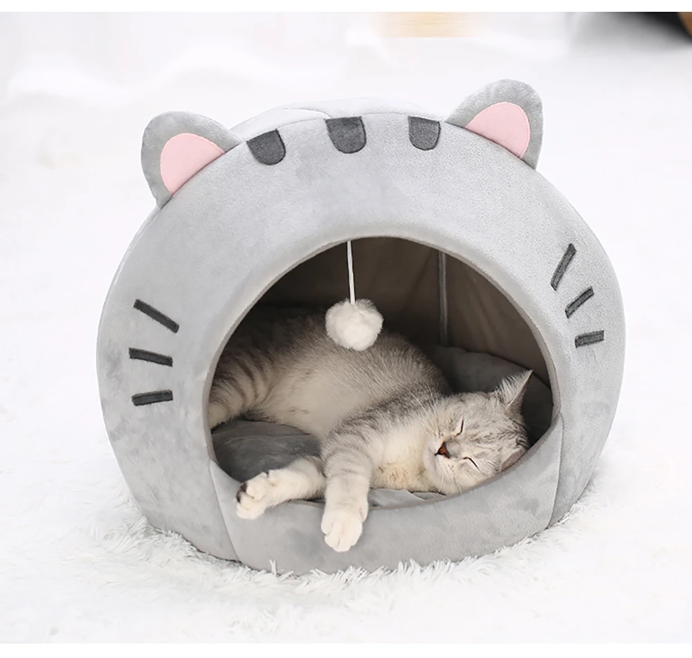 Super Katze Bett Warme Haustier Haus Kätzchen Höhle Kissen Katze Haus Warme Schlafen Hund Korb Zelt Kleine Hund Matte Liefert Bett Für Katzen – Detail 4