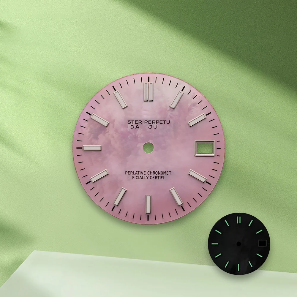 28.5mm S Logo journal NH35 Mother pearl Dial No Hands Fit NH36 Movement Green Luminous Watch Modification Accessories
