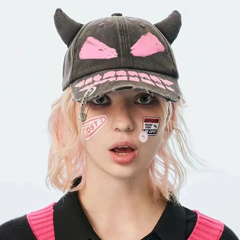 Japanese Little Devil Horn Hand-painted Hole Baseball Cap Street Wasteland Style Men's and Women's Niche Peaked Gorra Caps