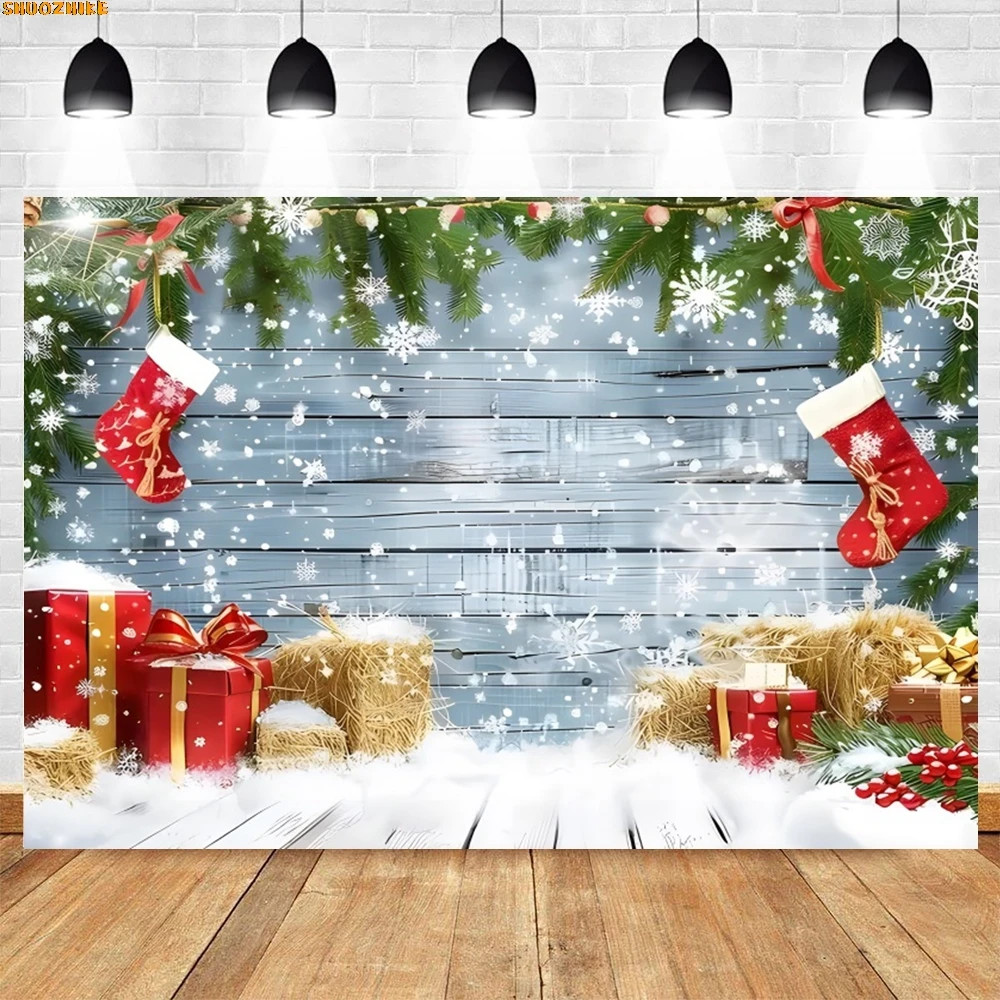 

Christmas Day Wreath Family New Year Party Photography Backdrops Prop Window Living Room Xmas Tree Gift Snow Background OZ-12