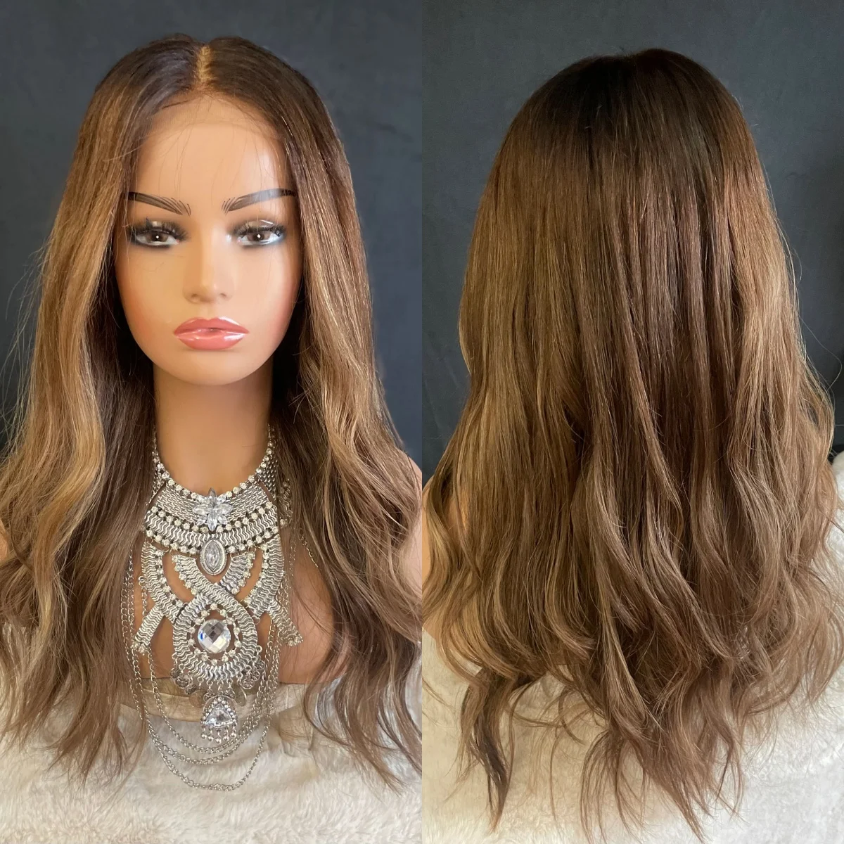 Ombre Chestnut Brown HD Wig Soft Body Wave Synthetic Lace Front Wig with Dark Roots Long Length Natural Hairline Costume Woman