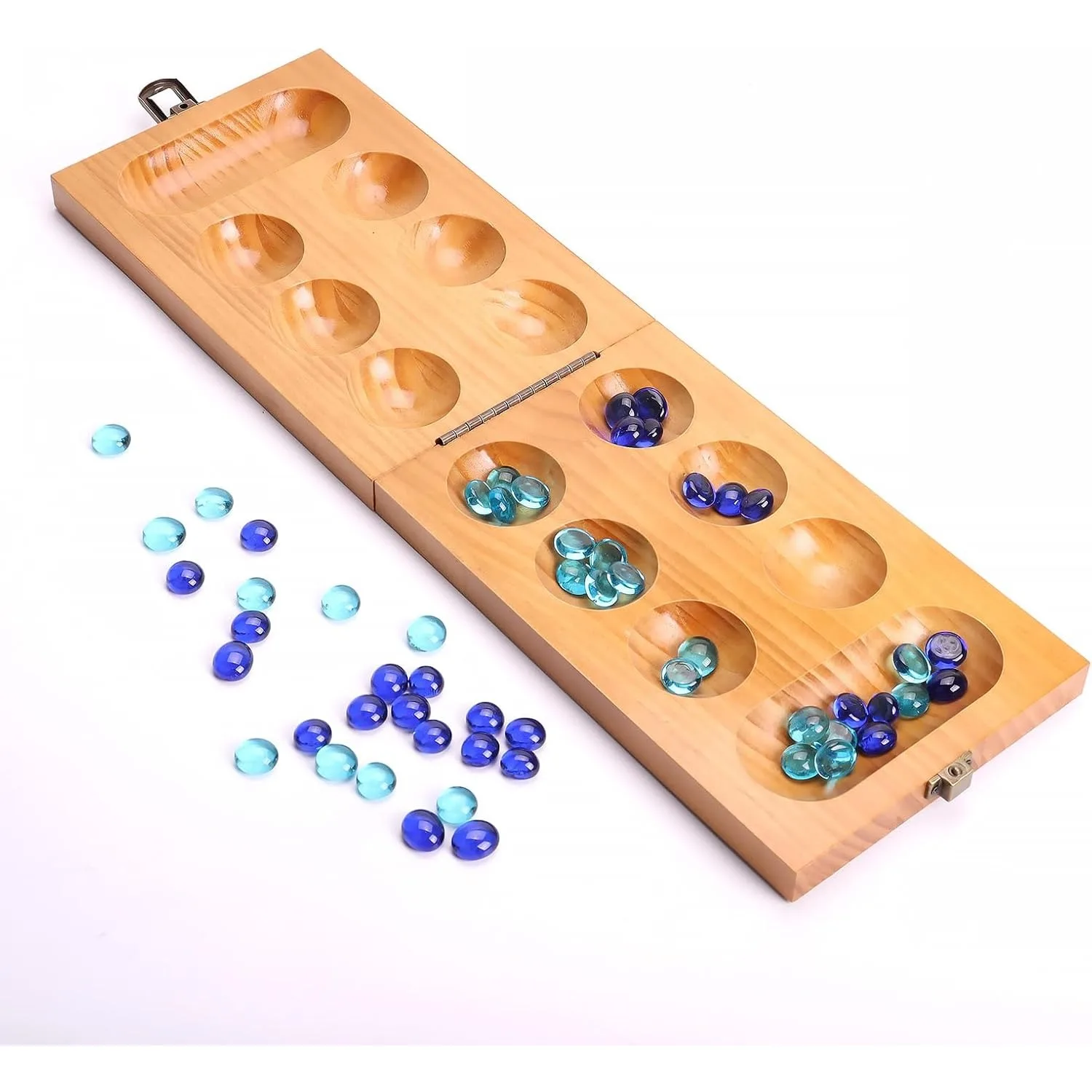 Wooden Mancala Board Game Set – Folding Game Board with Two-Tone Glass Stones – Classic Oware Strategy Game Portable Travel