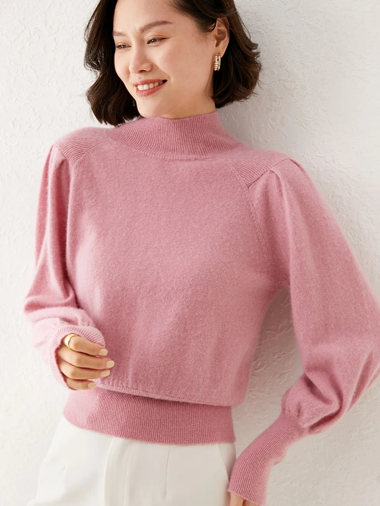 

High Quality 100% Merino Wool Sweater Autumn Winter Women Mock Neck Solid Knitted Pullover Casual Puff Sleeve Cashmere Top